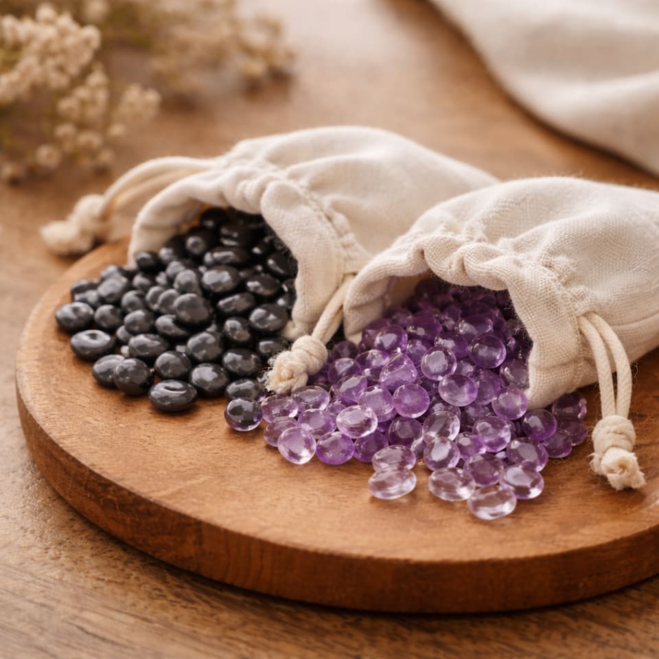 Zwei Leinensäckchen mit Hämatit- und Amethyst-Chips auf einem Holzteller