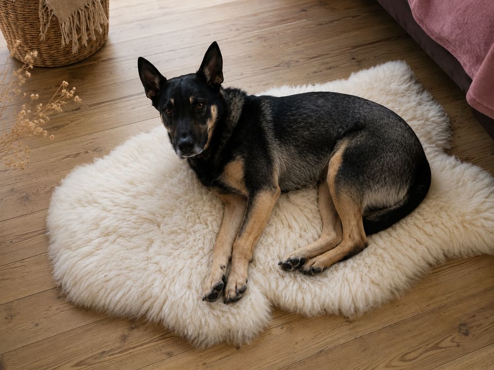 Kiba, ein Schäferhund-Mischling, liegt entspannt auf einem naturweißen Schaffell