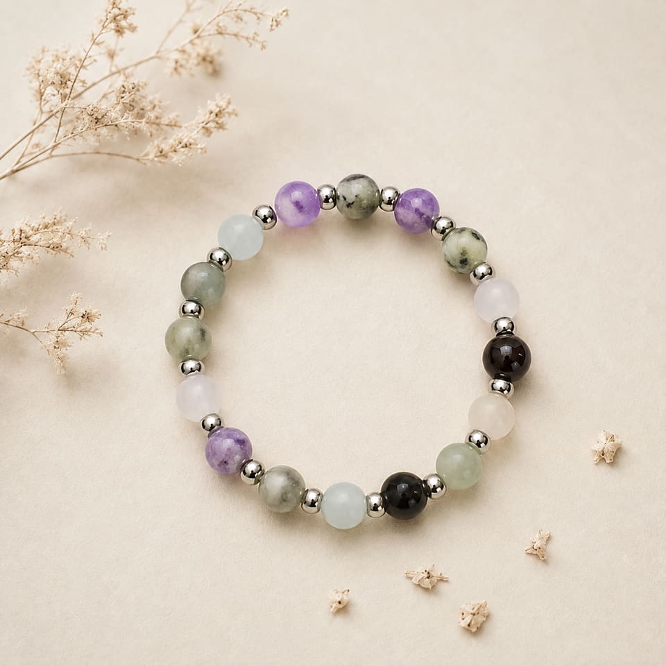 Seelenband Armband mit 8 mm Edelsteinperlen in Grün-, Lila- und Rosétönen